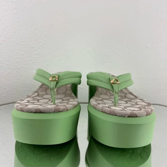 !SOLD! COACH Pistachio Green Leather Y2K Franki Monogram Platform Flip Flops - Picture 7 of 12